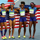English Gardner, Allyson Felix, Tianna Bartoletta and Tori Bowie of the United States celebrate winning gold in the Women's 4x100-meter Relay Final on day 14 of the Rio 2016 Olympic Games at the Olympic Stadium in Rio de Janeiro.
Ian Walton/Getty Images
